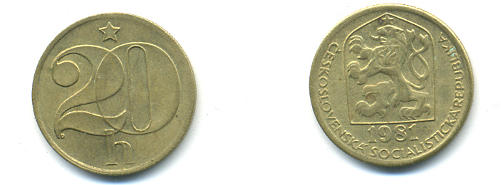 ЧЕХОСЛОВАКИЯ 20 ГЕЛЛЕРОВ 1990 KM 74 латунь 89-1822