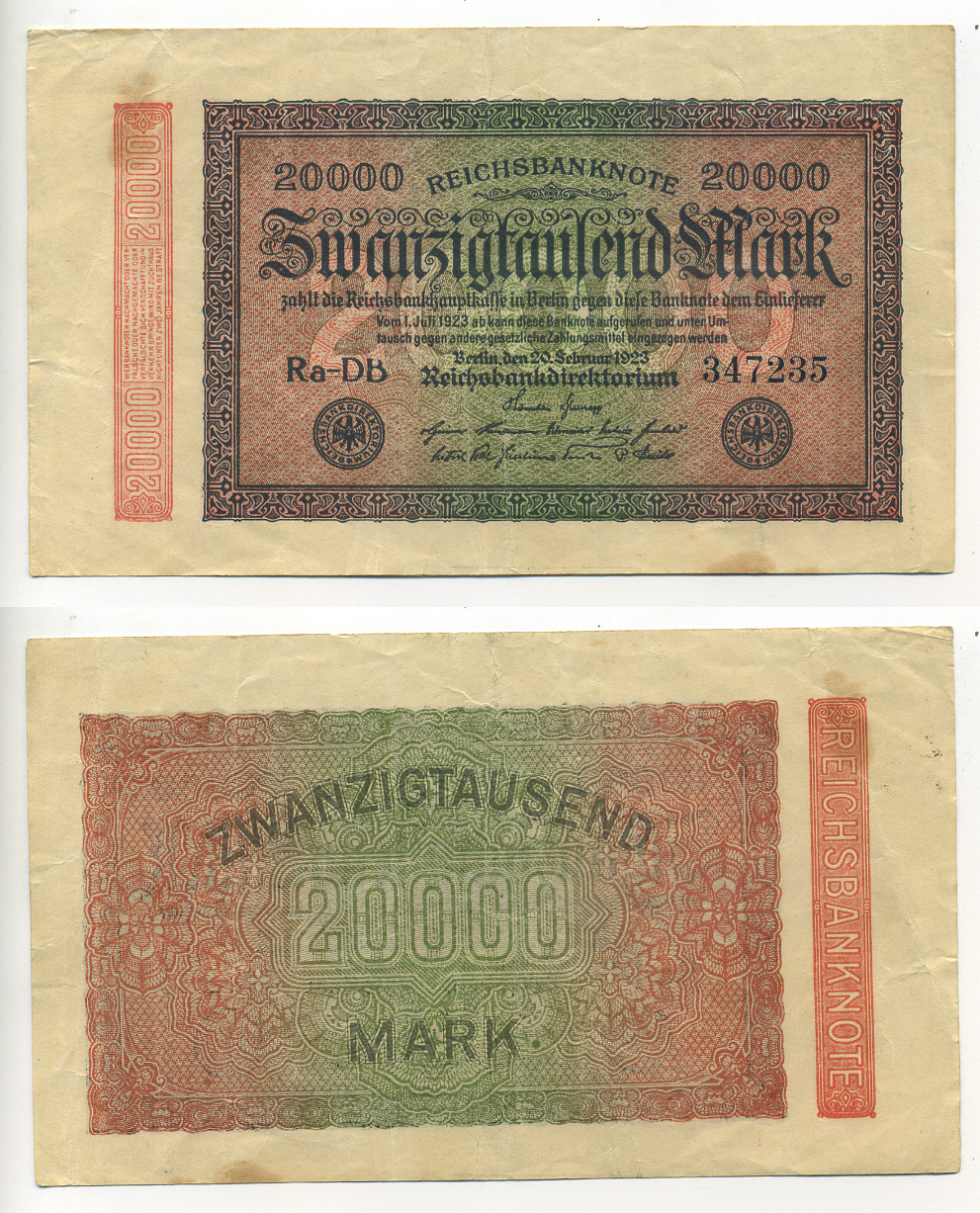 ГЕРМАНИЯ 20000 МАРОК 1923 20 ФЕВРАЛЯ 1923, ВОДЯНОЙ F Pick 85e бумага 6317-30-2