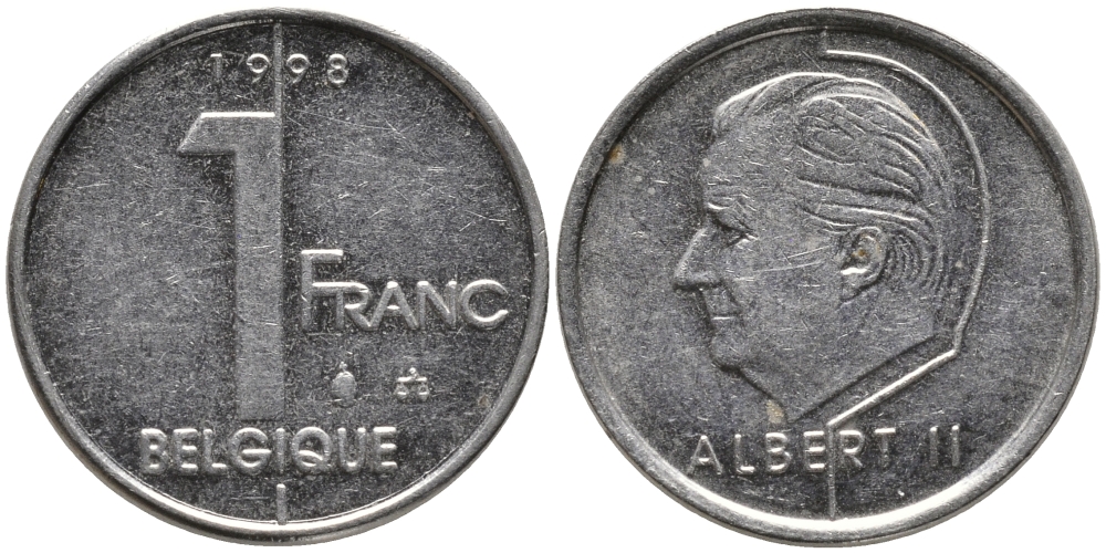БЕЛЬГИЯ 1 ФРАНК 1998 BELGIQUE, АЛЬБЕРТ II (1993-) KM 187 железо плакированное никелем 99-1233