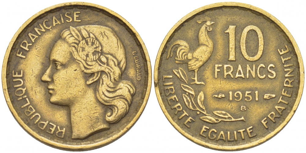 Франция 10 франков 1951 B, петух KM 915.2, Le Franc 363.5 алюминиевая бронза 112-836