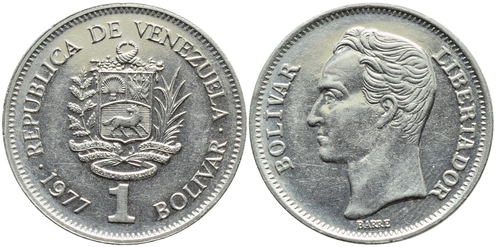 Венесуэла 1 боливар 1977 Симон Боливар KM 52 никель 51-946