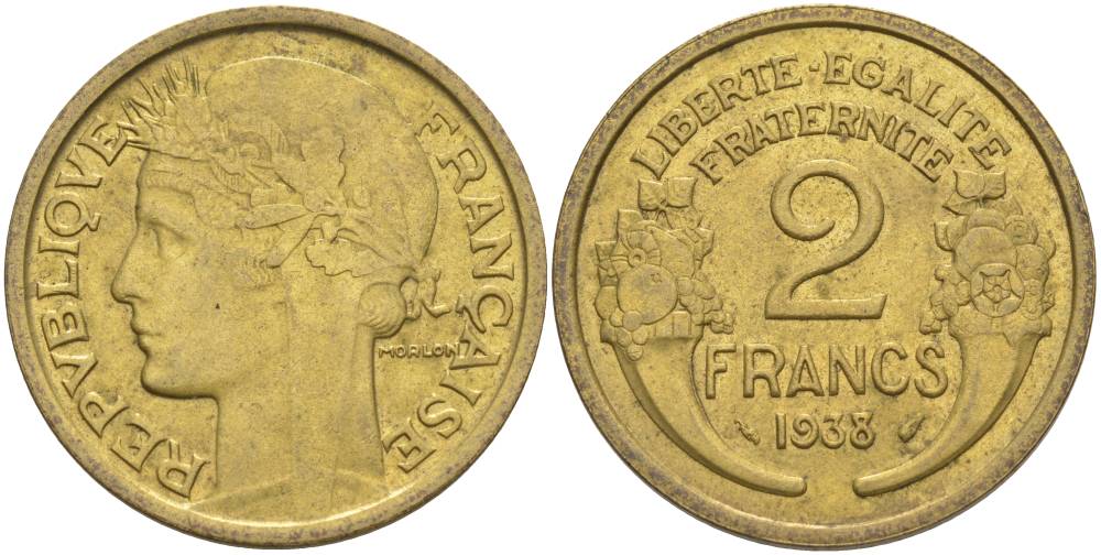 ФРАНЦИЯ 2 ФРАНКА 1938 ТИП MORLON KM 886, LE FRANC 268.11 алюминиевая бронза 69-1243