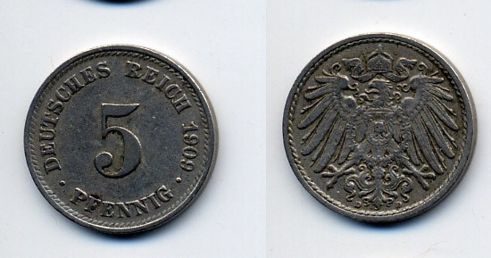 ГЕРМАНИЯ 5 ПФЕННИГОВ 1909 D, KM 11, J. 12 медно-никель 84-357