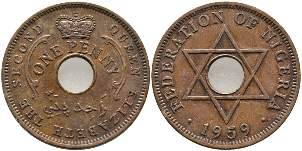 Нигерия 1 пенни 1959 Елизавета II (1952-), Британский протекторат KM 2 бронза 51-1824