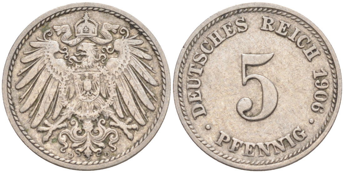 ГЕРМАНИЯ 5 ПФЕННИГОВ 1906 D, KM 11, J. 12 медно-никель 73-1764