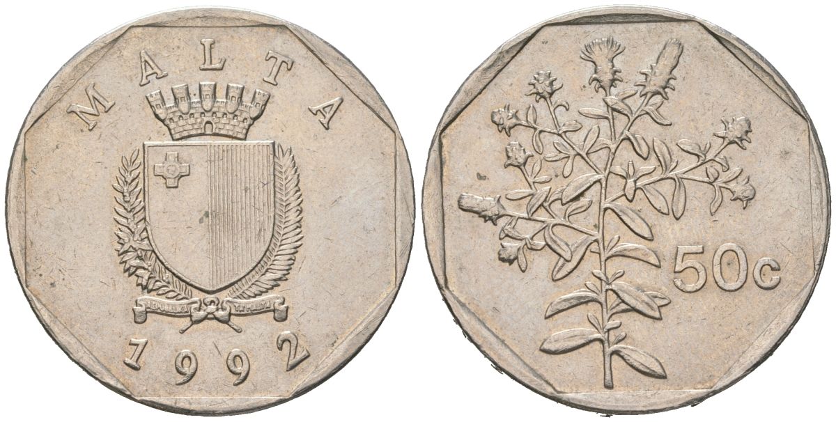 Мальта 50 центов 1992 девясил KM 98 медно-никель 183-1234