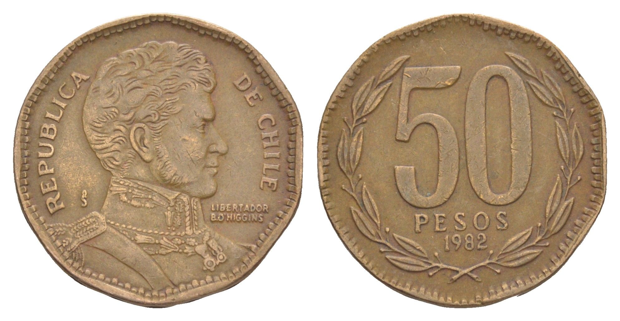 Чили 50 песо 1982 KM 219 алюминиевая бронза 4637-444