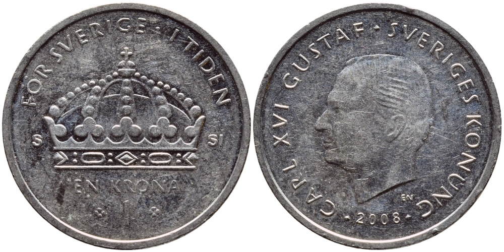 Швеция 1 крона 2008 Карл XVI Густав (1973- ) KM 894 медно-никель 87-537