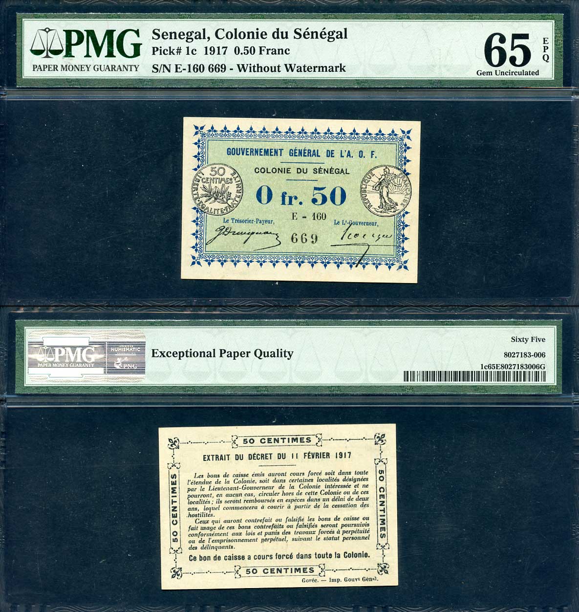 Сенегал 0,5 франка 1917 без водяного знака, в слебе PMG Gem Uncirculated 65, высший грейд, только еще 1 бона имеет грейд 65 Pick 1 c  бумага  UNC (пресс) 452-2-20