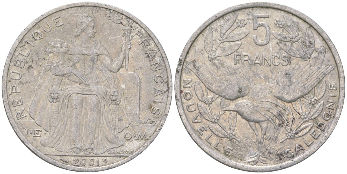 Французская Новая Каледония 5 франков 2001 птица кагу, (IEOM) KM 16, Schoen 12, Lec 81f алюминий 189-443