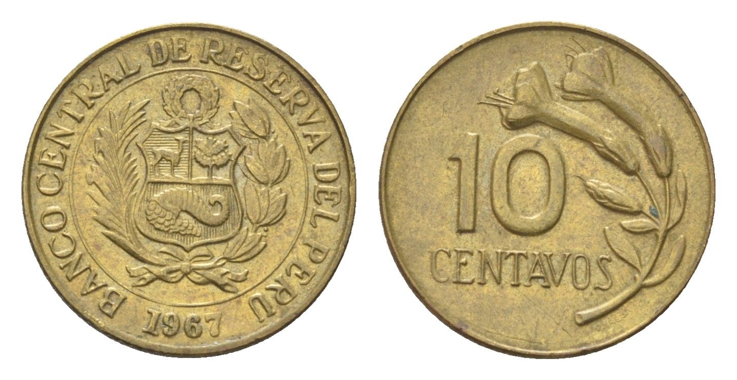 Перу 10 сентаво 1967 KM 245 латунь aUNC 4705-965