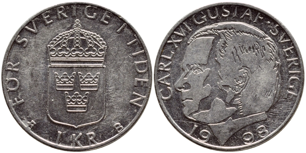 Швеция 1 крона 1998 Карл XVI Густав (1973- ) KM 852a медно-никель 4382-1256