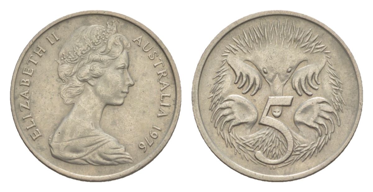 Австралия 5 центов 1976 королева Елизавета II (1952-2022), ехидна KM 64 медно-никель 4632-136