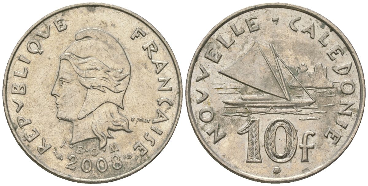 Французская Новая Каледония 10 франков 2008 рыбачья парусная лодка, (IEOM) KM 11a, Schoen 13a, Lec 99k медно-никель 60-321