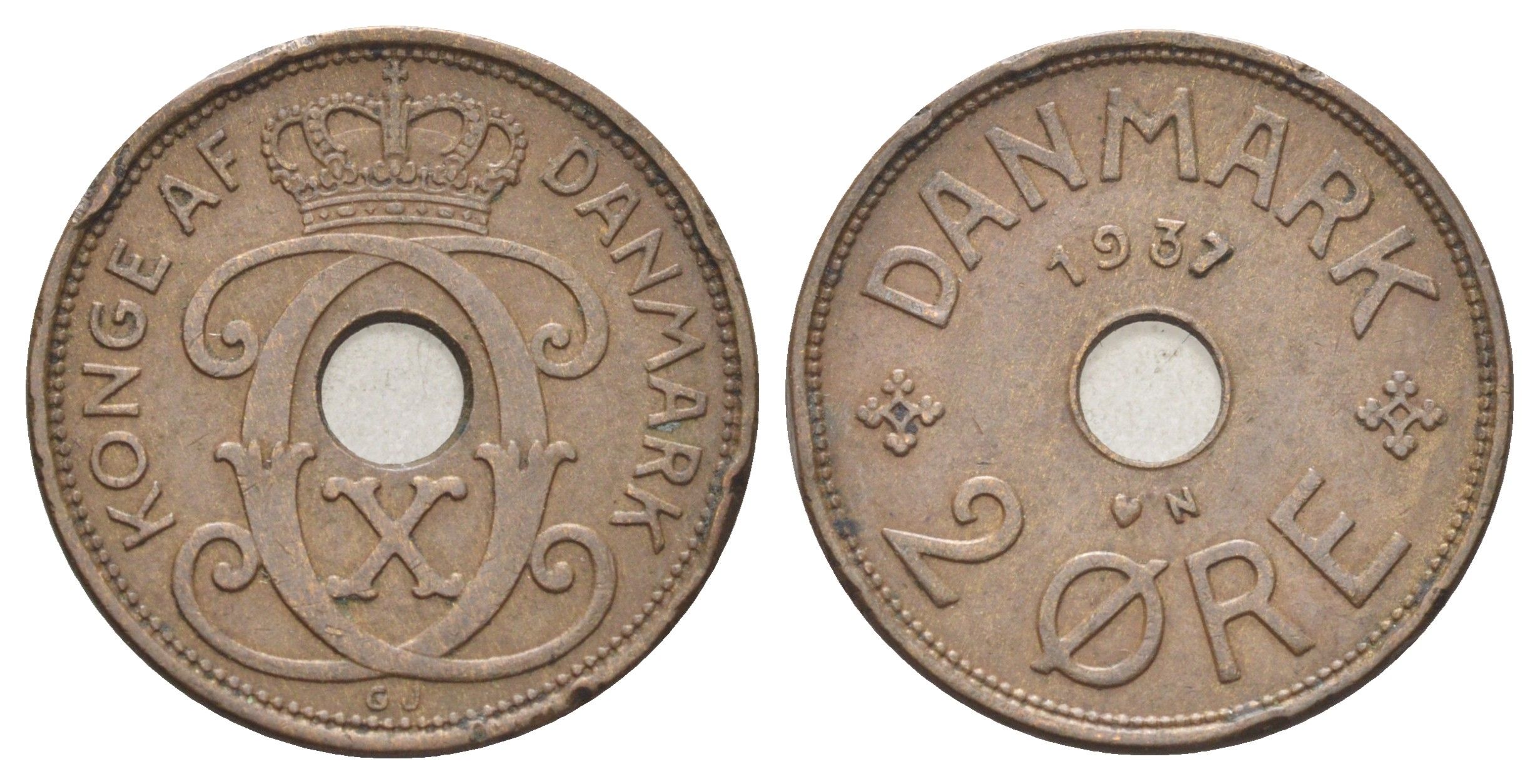 Дания 2 эре 1937 N, Кристиан X (1912-1947) KM 827 бронза 4701-851