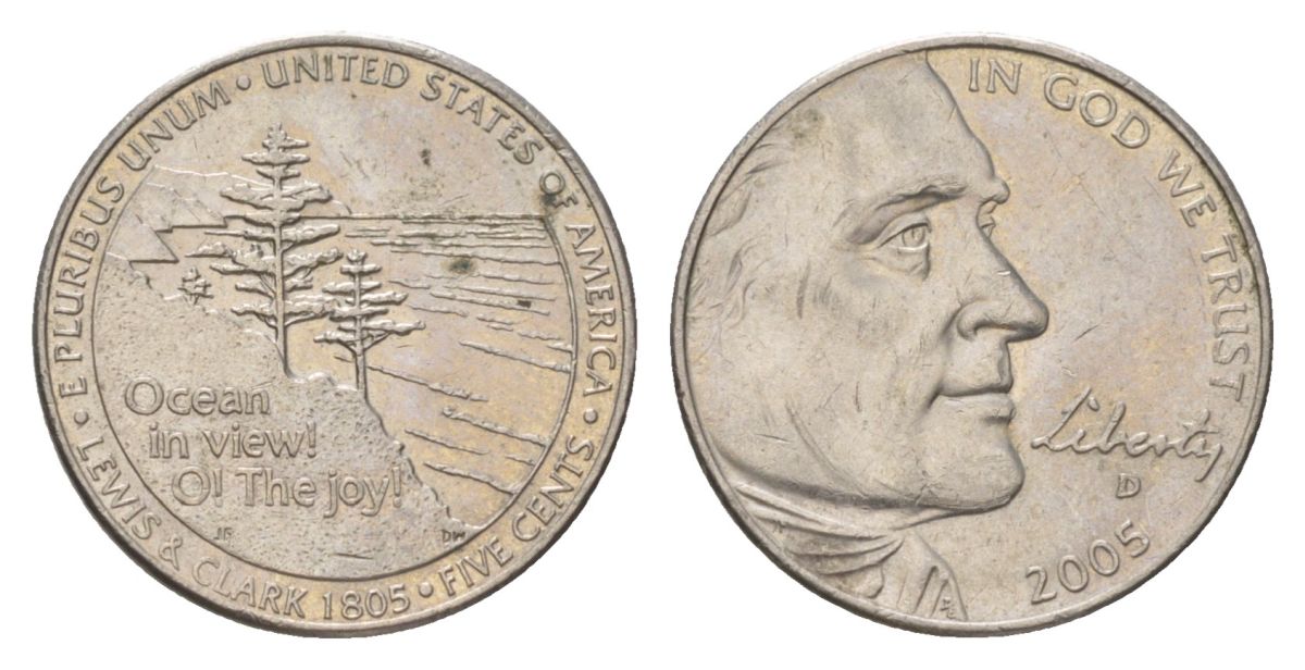 США 5 центов 2005 D, 200 лет экспедиции Льюиса и Кларка - Выход к океану KM 369 медно-никель aUNC 4627-1117