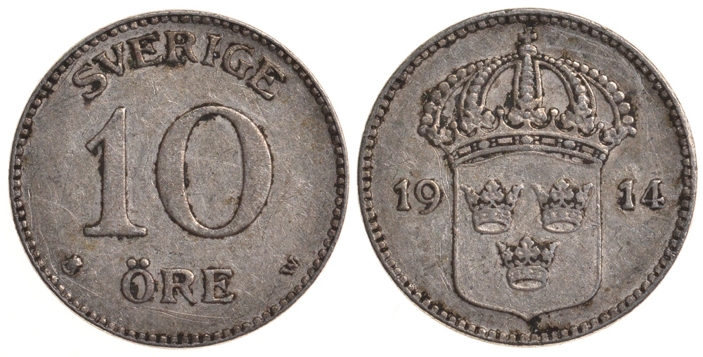 Швеция 10 эре 1914 W, Густав V (1907-1950) KM 780 серебро 4179-553