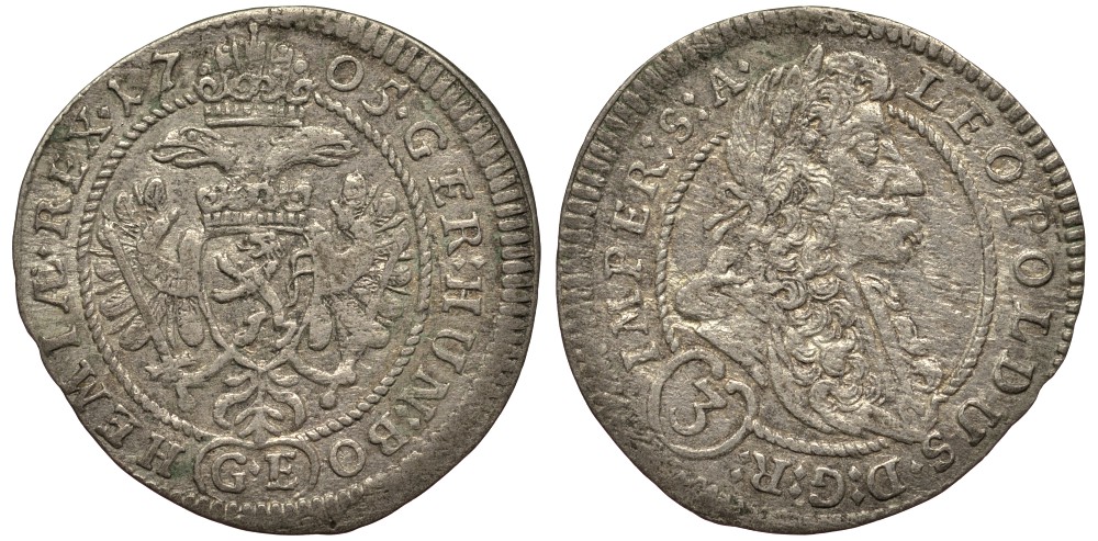 АВСТРИЯ 3 КРЕЙЦЕРА 1705 GE, ДОМ ГАБСБУРГОВ, ЛЕОПОЛЬД I (1657-1705), ПРАЖСКИЙ МОНДВОР Herinek 1473. КМ 1430 серебро 413-4323