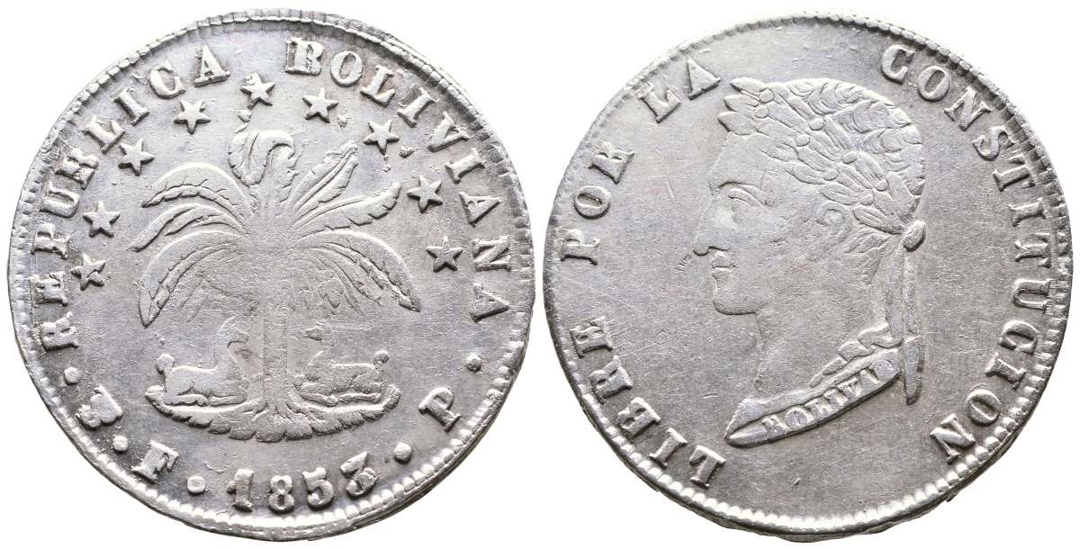Боливия 4 соля 1853 FP KM 123.1 серебро 00-00