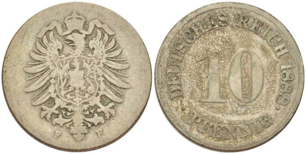 ГЕРМАНИЯ 10 ПФЕННИГОВ 1888 F, СТАРОГЕРБОВКА KM 4, J. 4, Weege 7 медно-никель 261-1232