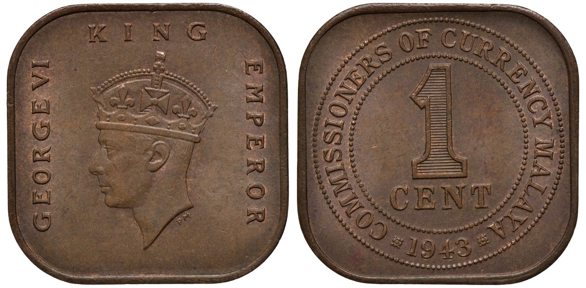 Британская Малайя 1 цент 1943 Георг VI (1937-1952) KM 6 бронза 4563-212