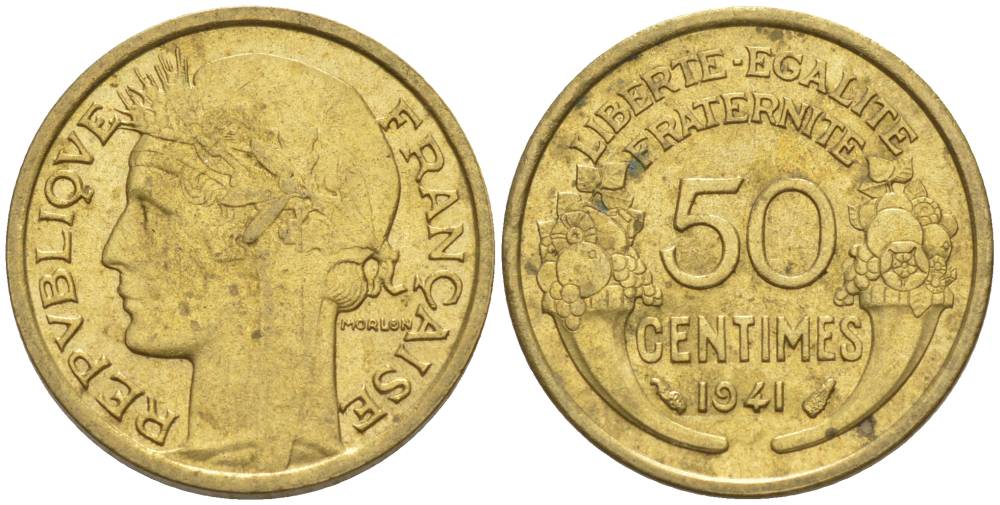 ФРАНЦИЯ 50 САНТИМОВ 1941 ТИП MORLON KM 894.1, LE FRANC 192.18 алюминиевая бронза 44-631