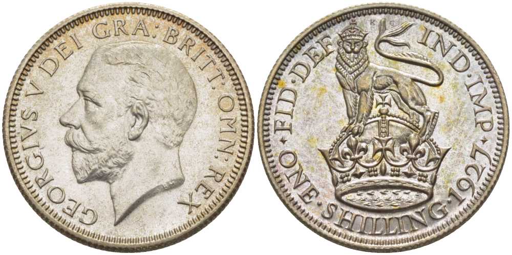 Великобритания 1 шиллинг 1927 Георг V (1910-1936), четвертый выпуск, тираж 15000 экземпляров KM 833, Spink 4039 серебро  PROOF 00-000-00