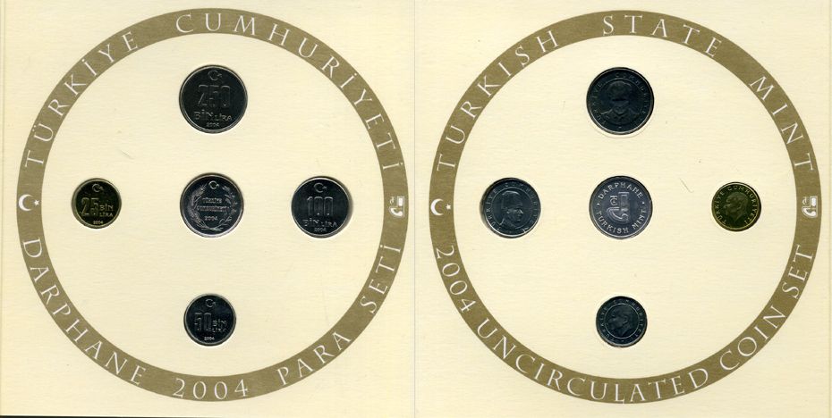 Турция официальный набор из 4 монет + жетон 2004 25000, 50000, 100000 и 250000 лир, буклет  медно-никель  UNC 7-3-1-16