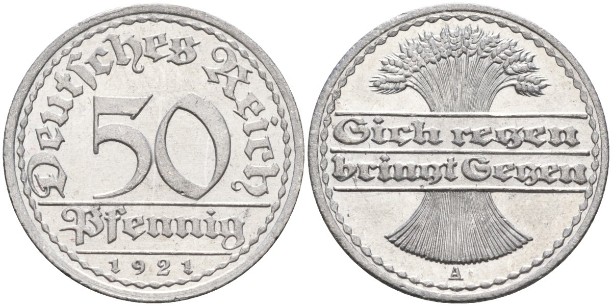 Германия 50 пфеннигов 1921 A KM 27, J.301, Weege 10 алюминий UNC 4584-844