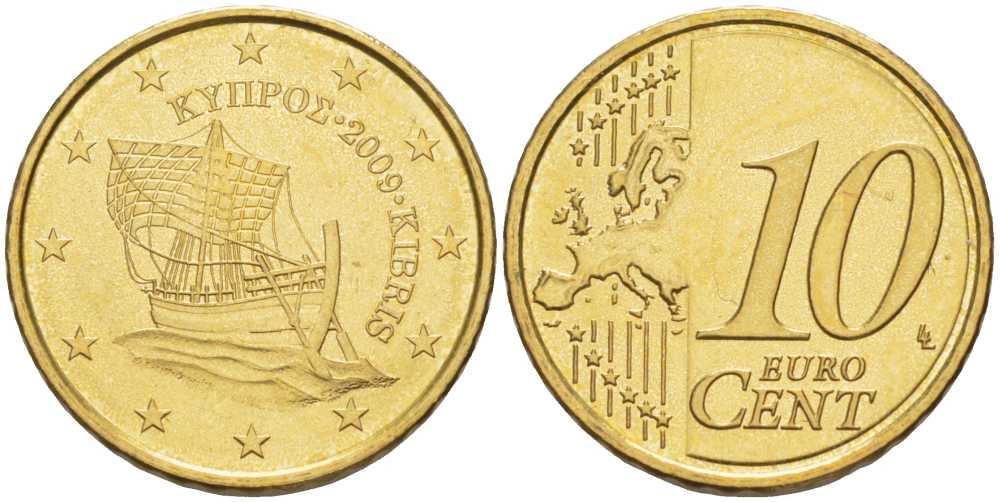 КИПР 10 ЕВРОЦЕНТОВ 2009 ПАРУСНИК KM 81 латунь UNC 99-847