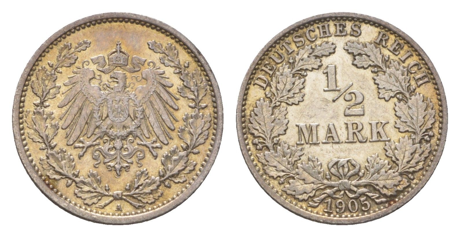 Германия 1/2 марки 1905 A, Вильгельм II (1888-1918) KM 17, J. 16 серебро aUNC 4625-1033