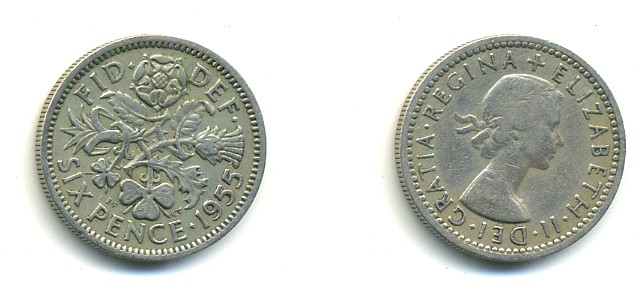 Великобритания 6 пенсов 1955 Елизавета II (1952-2022) KM 903, Spink 4149 медно-никель 23-534