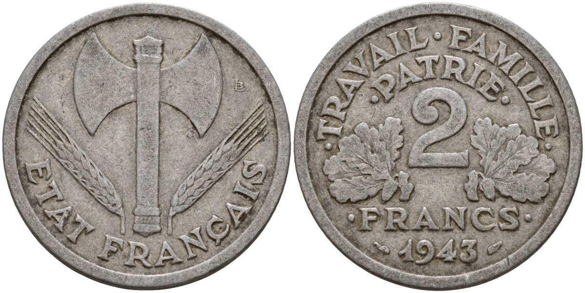 Франция 2 франка 1943 правительство Виши KM 904.1 алюминий 4156-715