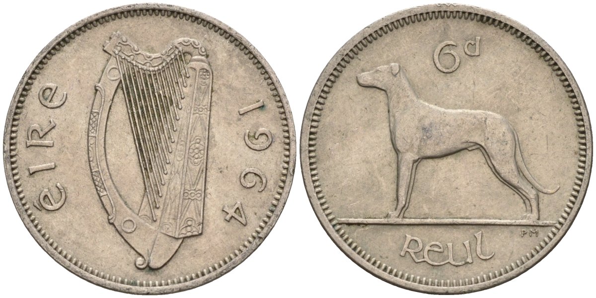 Ирландия 6 пенсов 1964 ирландский волкодав KM 13a медно-никель 4146-454