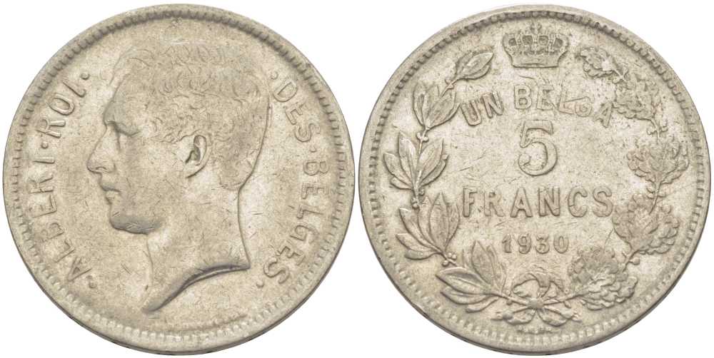 БЕЛЬГИЯ 5 ФРАНКОВ 1930 АЛЬБЕРТ I, DES BELGES KM 97.1 никель 3851-121