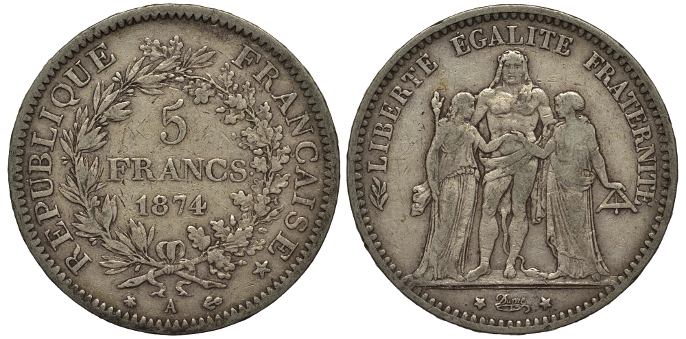 Франция 5 франков 1874 А, Геракл с богинями равенства и братства KM 820.1 серебро    1530-1021