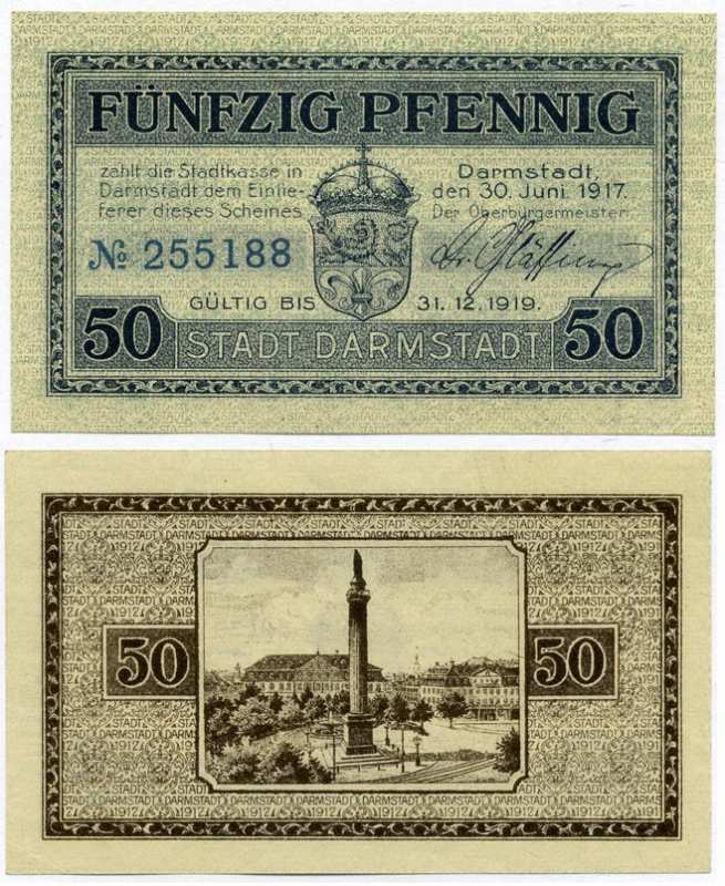 Германия, Дармштадт 50 пфеннигов 1917-1919 30 июня 1917 - 31 декабря 1919, нотгельд, земля Гессен, номер серии голубой Grabowski D5.1c  бумага  UNC (пресс) 8613-19-1-2