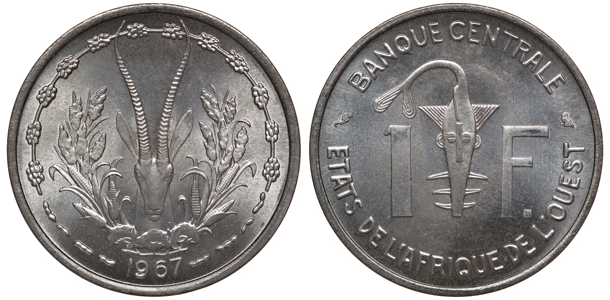 Западно-Африканские штаты 1 франк 1967 KM 3.1 алюминий UNC M51-02