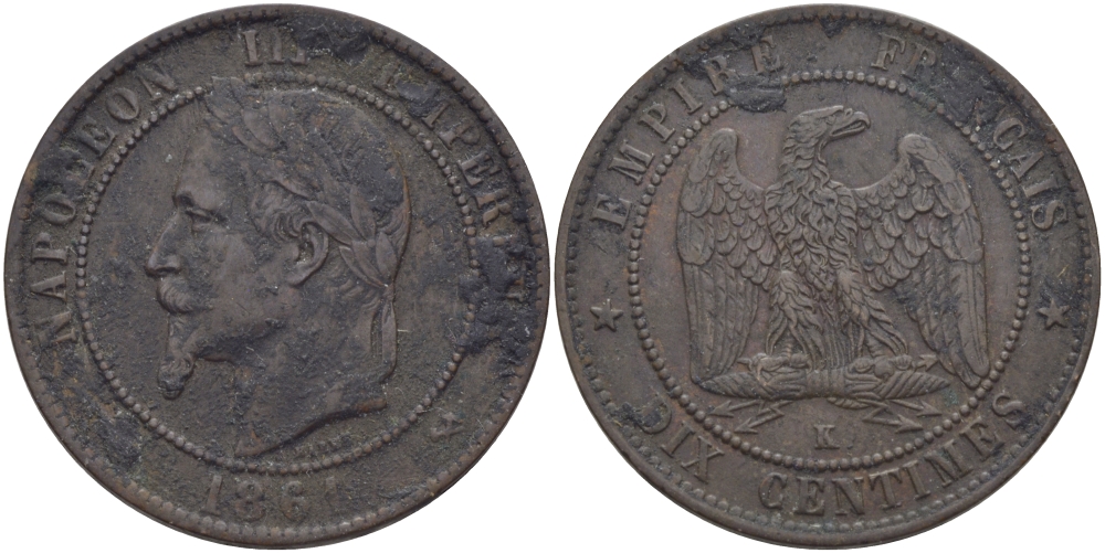 ФРАНЦИЯ 10 САНТИМОВ 1861 K, НАПОЛЕОН III (1852-1870) KM 798.3, LA FRANC 134.4 бронза 97-1036