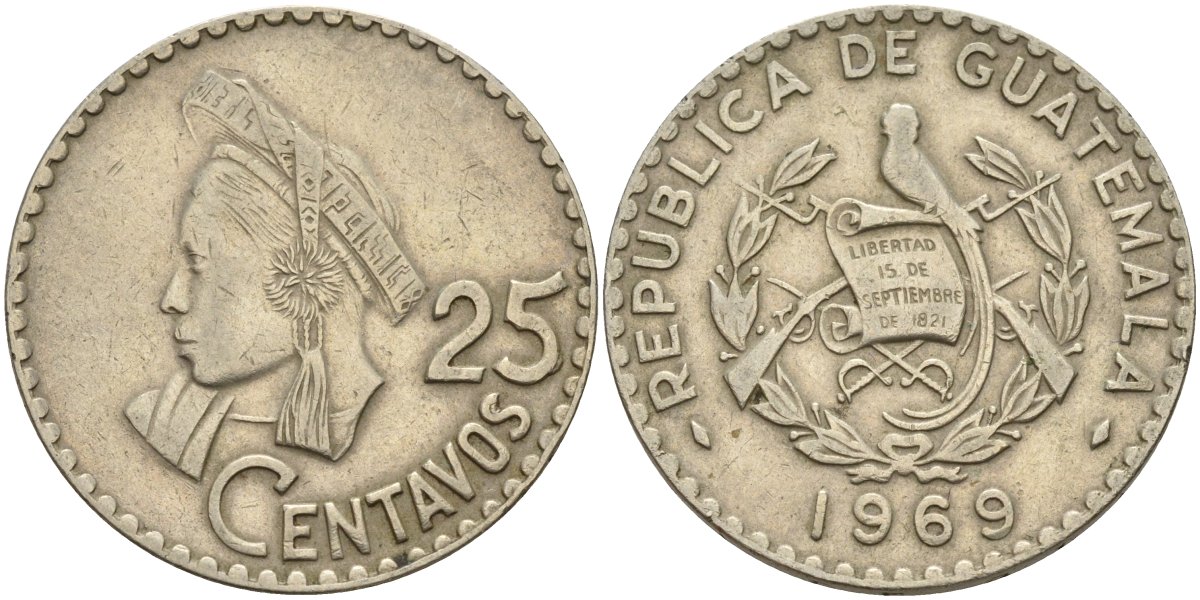 Гватемала 25 сентаво 1969 KM 269 медно-никель 00-00