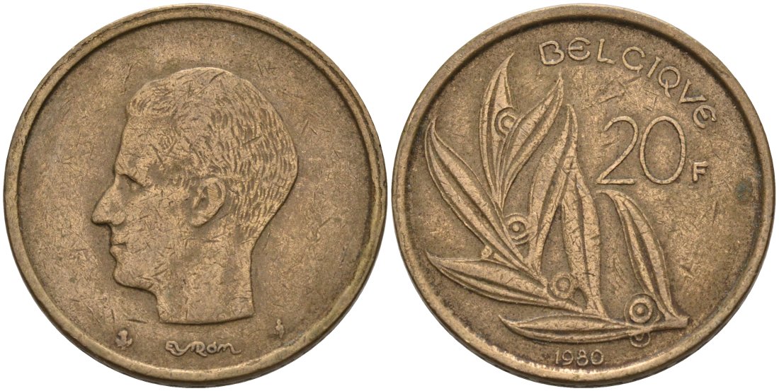 Бельгия 20 франков 1980 Belgique, Бодуэн I (1951-1993) KM 159 никель бронза 4573-444