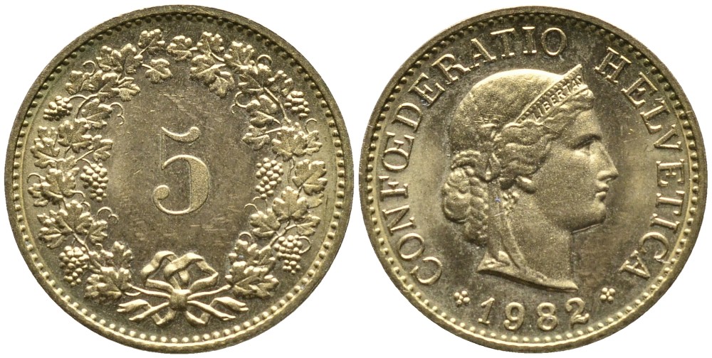Швейцария 5 раппенов 1982 KM 26с алюминий латунь 4528-652