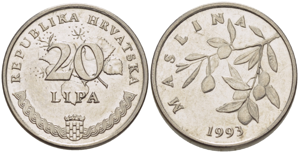 Хорватия 20 лип 1993 олива, легенда на хорватском KM 7 сталь плакированная никелем 66-528