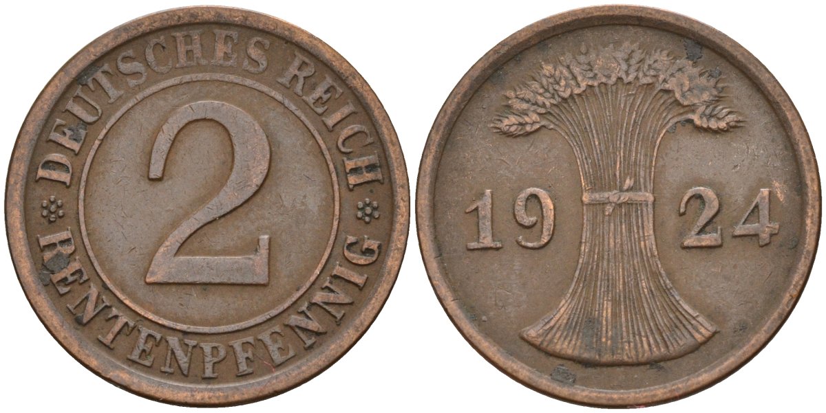 Германия 2 рентенпфеннига 1924 A KM 31, J. 307 бронза 4147-1243