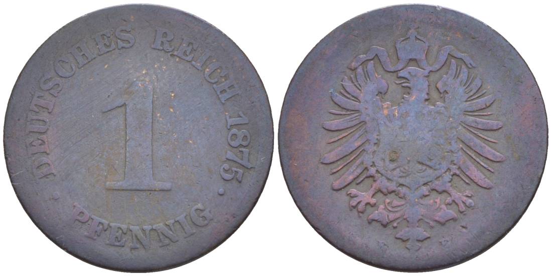 ГЕРМАНИЯ 1 ПФЕННИГ 1875 Е, СТАРОГЕРБОВКА KM 1, Jager. 1, Weege 1 медь 4528-1058