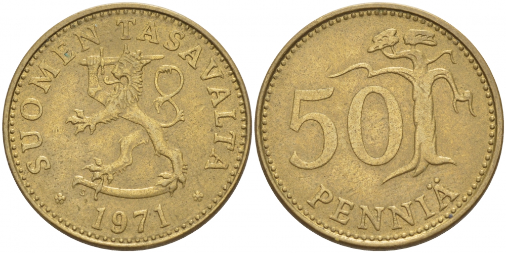 ФИНЛЯНДИЯ 50 ПЕННИ 1971 S KM 48 алюминиевая бронза 3457-924
