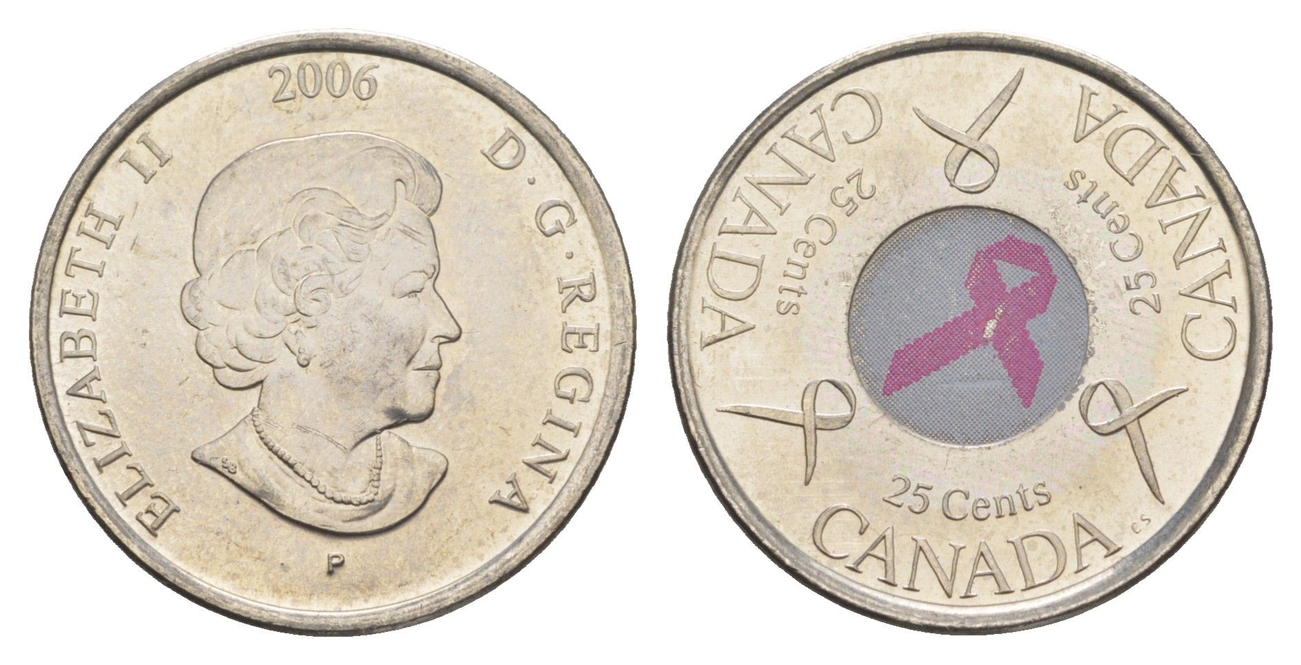 Канада 25 центов 2006 Розовая ленточка - Борьба с раком молочной железы KM 635 сталь плакированная никелем UNC 4652-1136