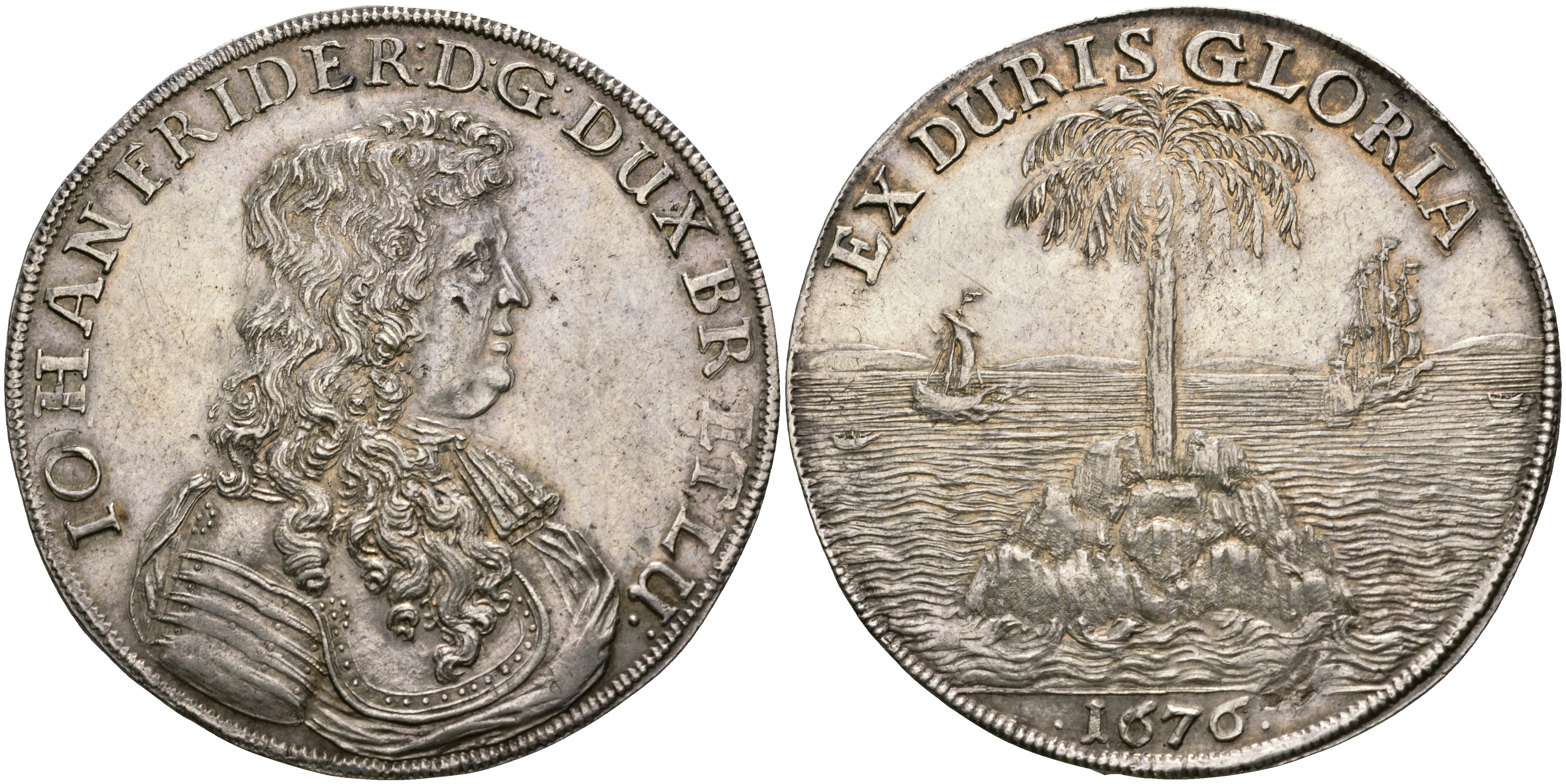 Брауншвейг-Каленберг-Ганновер 1 талер 1676 Иоганн Фридрих (1665-1679), пальматалер, аукцион Münz Zentrum 105, январь 2001 KM 149.2, Dav 6573, Welter 1704, Fiala 1974  серебро   00-000-00