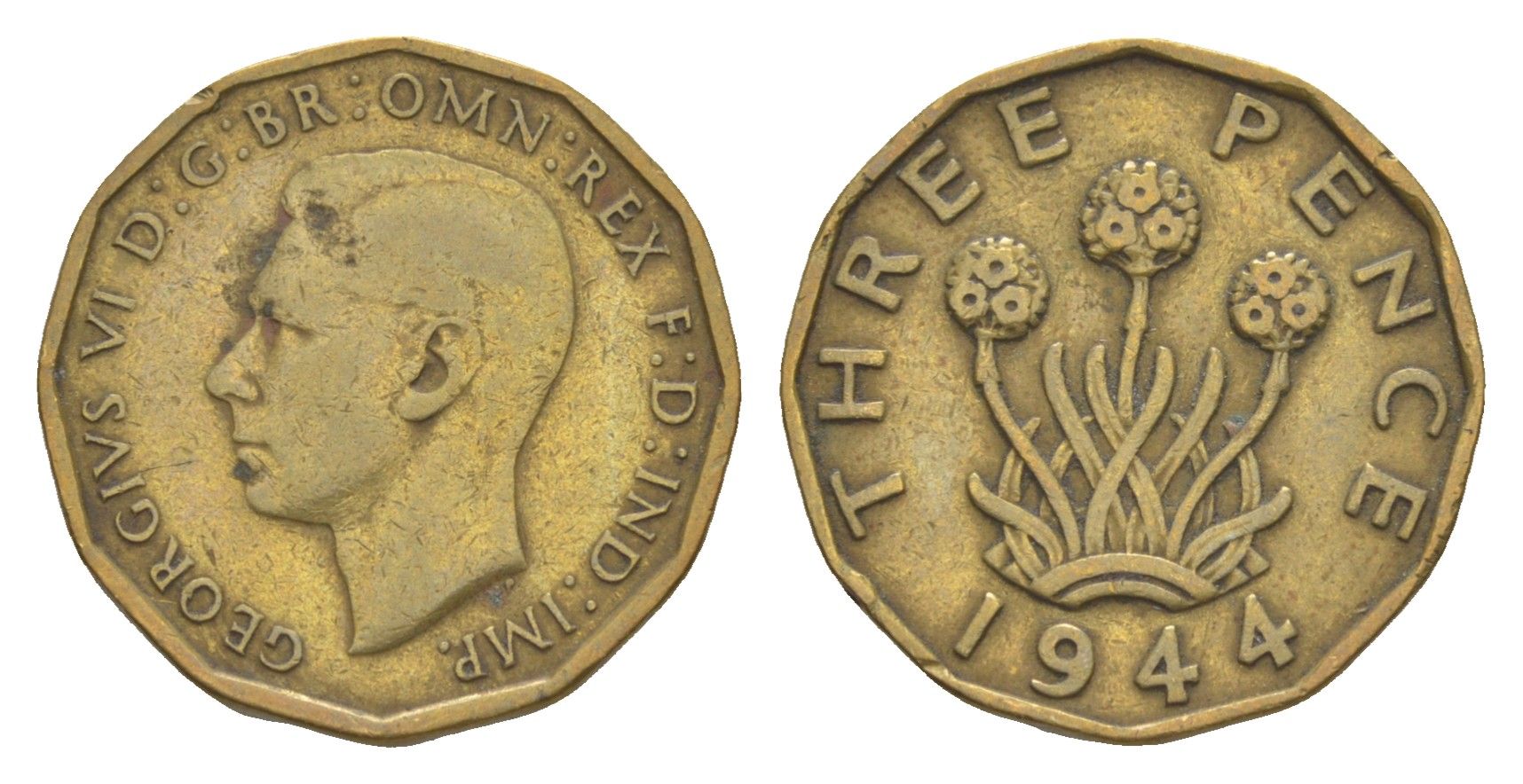 Великобритания 3 пенса 1944 Георг VI (1936-1952) KM 849, Spink 4112 никель латунь 4643-847