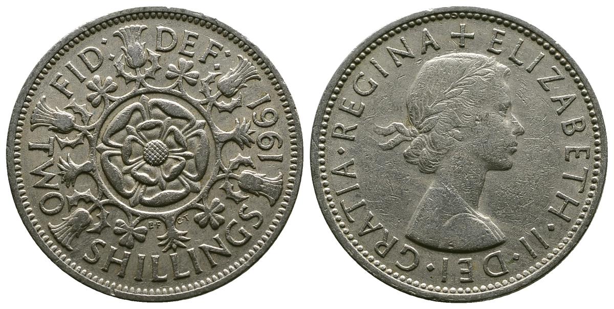 Великобритания 2 шиллинга (флорин) 1961 Елизавета II (1952-2022) KM 906, Spink 4146 медно-никель 4382-324